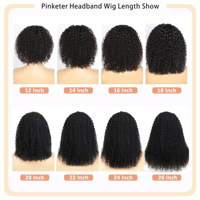 Kinky Curly Human Hair Headband Wig None Lace Front Wigs for Black Women 150% Density Machine Made Human Hair Wig Natural Color (Headband Wig, 24inch)