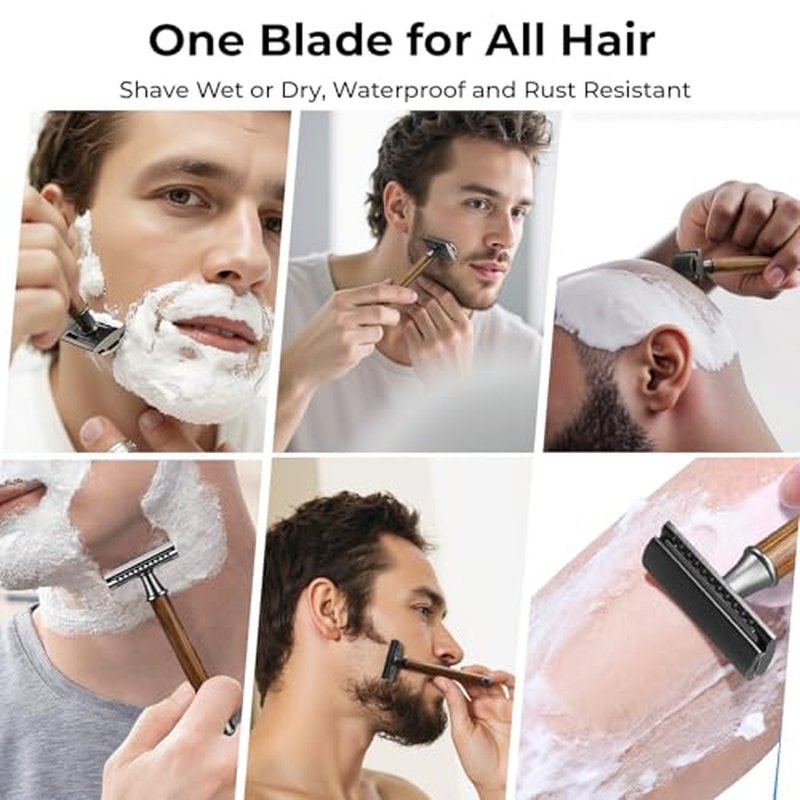 Double Edge Safety Razor: Premium Metal Single Blade Face Razor for Men & Women, Eco-Friendly Bamboo Handle & 10 Double Edge Blades