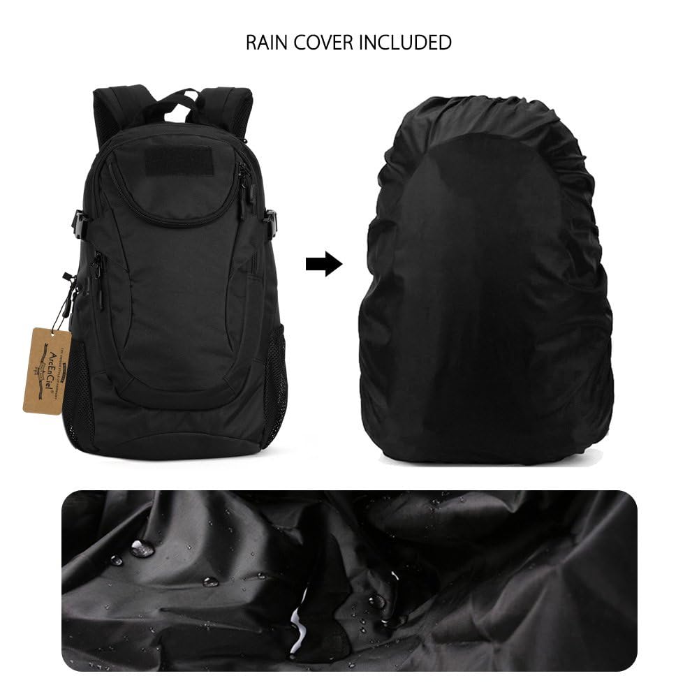 ArcEnCiel Motorcycle Backpack Tactical Bag Army Pack - Rain Cover+Patch Included(Black Camo)