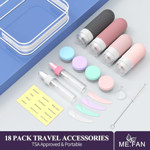 ME.FAN 18 Pack Travel Bottles for Toiletries, TSA Approved Silicone Portable Size Bottle, Refillable Cosmetic Container Kits for Conditioner, Shampoo, Lotion,Face Cream - Pink
