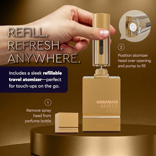 Al Haramain Amber Oud Gold Edition Eau De Parfum Spray 60ml + ATOMIZER ? Unisex Perfume Arabian Perfumes for Women & Men ? Long-Lasting Sweet Fragrance Arabic Cologne ? Men & Women's Gift (2 oz.)