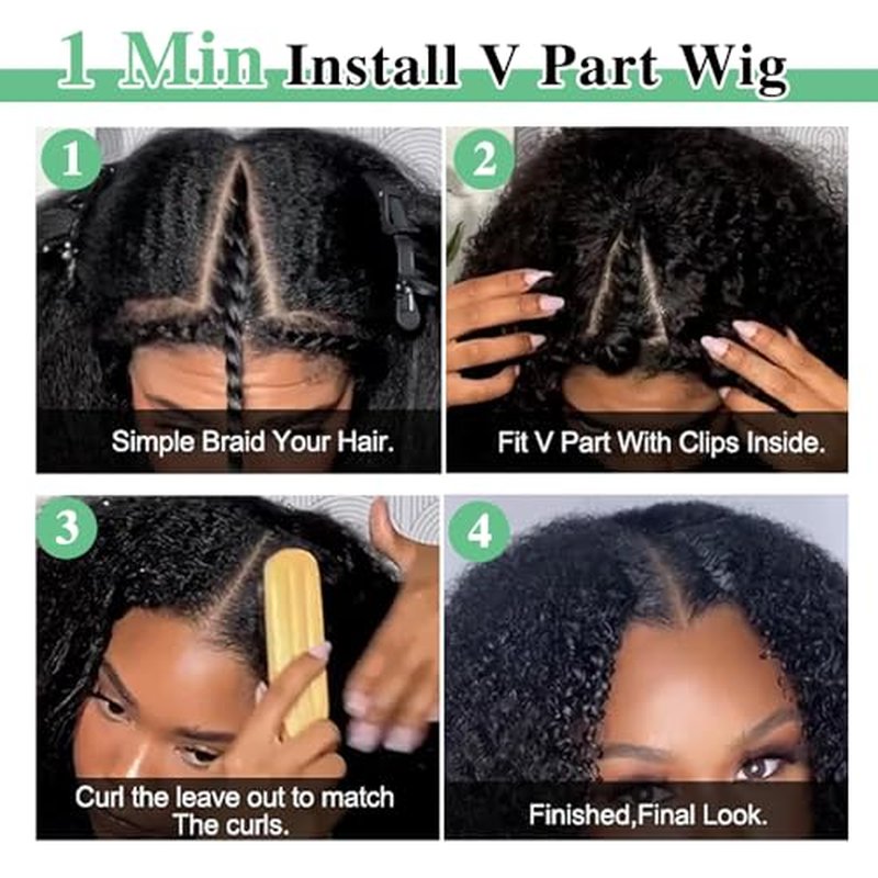 Afro Kinky Curly V Part Wig Human Hair Brazilian Virgin Glueless Wig Human Hair for Black Women Upgrade U Part Wigs Kinky Curly Wigs No Leave Out 200% Density Natural Color 18 Inch