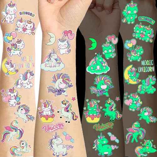 15 Sheets Unicorn Glow in The Dark Temporary Tattoos for Kids Girls Toddler Cute Fun Glitter Night Luminous Waterproof Fake Tattoo Sticker For Children Birthday Gifts Party Supplies Favor