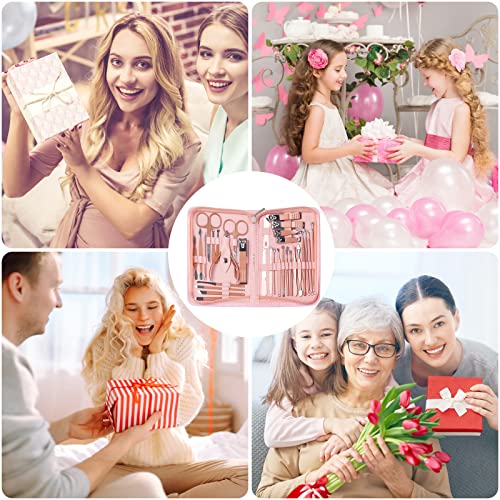 Manicure Set Pedicure Kit Womens Nail Clippers Set 32 in 1 Professional Grooming Care Tools Nail Kit Including Facial, Fingernails and Toenails Care with Travel Case Women (Rose Pink_32 in 1)