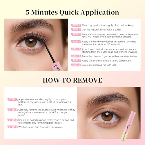 Natural Wispy Lash Clusters Kit, C Curl Soft Individual Lashes 8-16mm, DIY Eyelash Extensions with 0.05mm Thin Invisible Band, DIY Salon Kit with Bond Seal Remover Tweezer, FayJoo AIRY 12 Kit