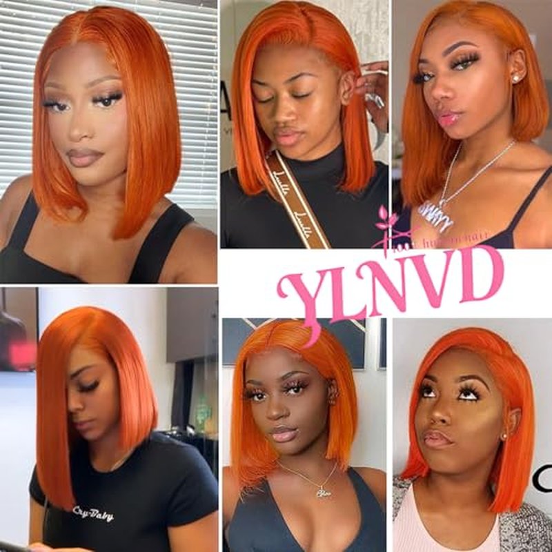Ginger Orang Bob Lace Front Wigs Human Hair 13x4 HD Lace Frontal 200% Density Orange Ginger Wig Human Hair Short Bob Wigs for Women #350 14 Inch