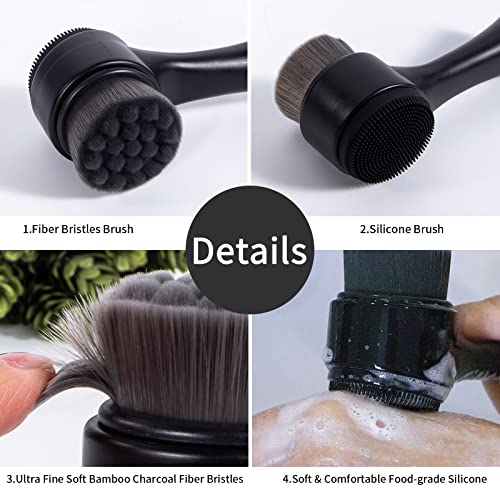 Face Brush 2 in 1, Facial Cleansing Exfoliating Scrubber Brush, Silicone Double Side Manual Face Wash Scrub Brush with Soft Bamboo Charcoal Fiber for Deep Pore Cleansing, Massaging, Skin Care