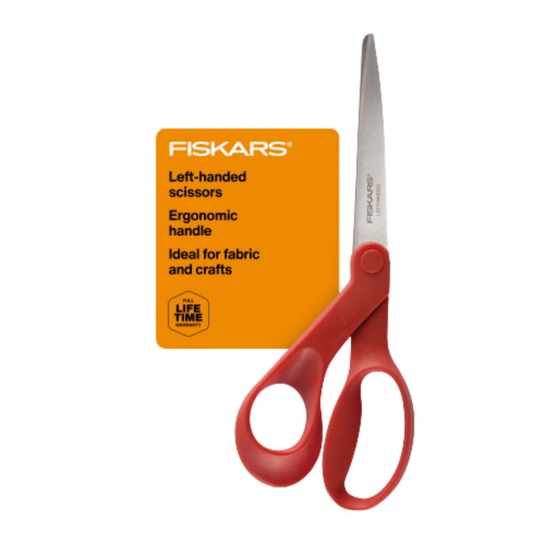 Fiskars All-Purpose Left-Handed Scissors - Ergonomically Contoured - 8" Stainless Steel - Paper and Fabric Scissors for Office, Arts, and Crafts - Red