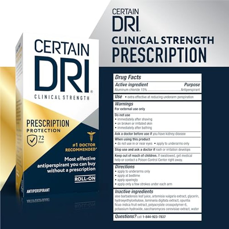 Certain Dri Prescription-Strength Clinical Antiperspirant Roll-On for Hyperhidrosis - 72-Hour Sweat Protection - Fragrance-Free - Doctor-Recommended for Men & Women - 1.2 fl oz