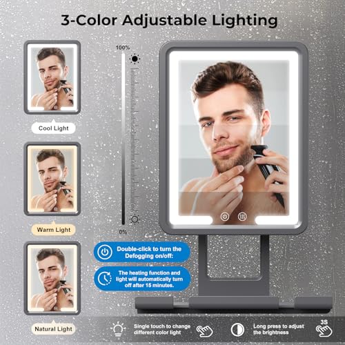 Rocollos Heated Fogless Shower Mirror, 360 Rotation, 3 Color Lighted, Rechargeable, Anti-Fog, Black, 13"L x 9"W