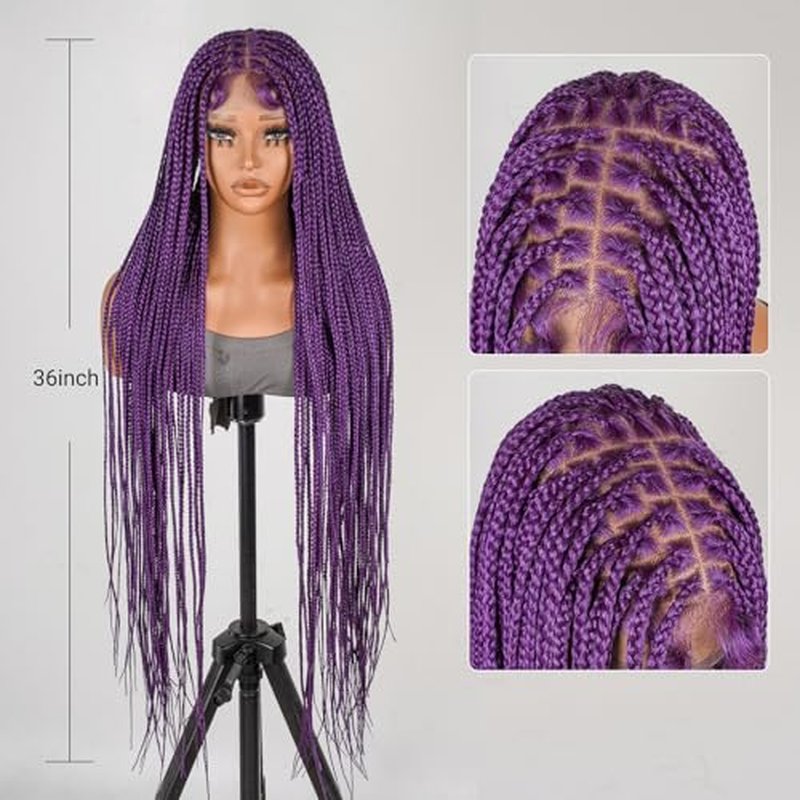 YMSGlRL 36 Inch Purple Knotless Braided Wigs for Women Box Braided Full Lace Premium Synthetic Wig with Baby Hair Long Box Braid Wig with Natural Hairline Look