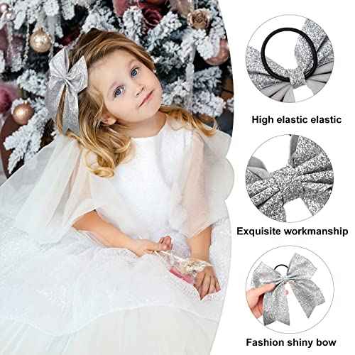 Yunsailing 40 Pcs 8 Inch Large Glitter Cheer Hair Bows Bulk, Shiny Cheerleading Bows Ponytail Holder for Cheerleader Girls Softball Sports and Christmas Tree Decor(Silver)