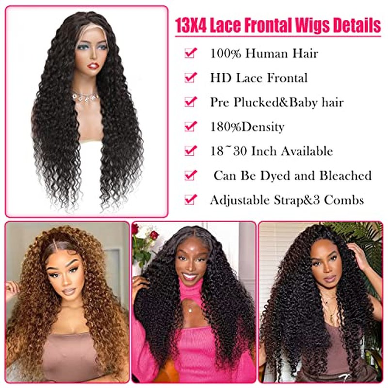24 Inch Lace Front Wigs Human Hair 13x4 Deep Wave Wig Transparent Lace Frontal Wig Pre Plucked with Baby Hair 180% Density Curly Wig for Women