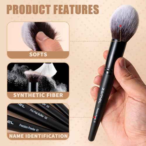 ZAMEL Professional Travel Goat Hair Makeup Brushes Set, 15Pcs Kabuki Face & Eye Makeup Brush set Ultra Soft Dense Flat Foundaiton Blush And Extra-large loose Powder Brush Eyeshadow