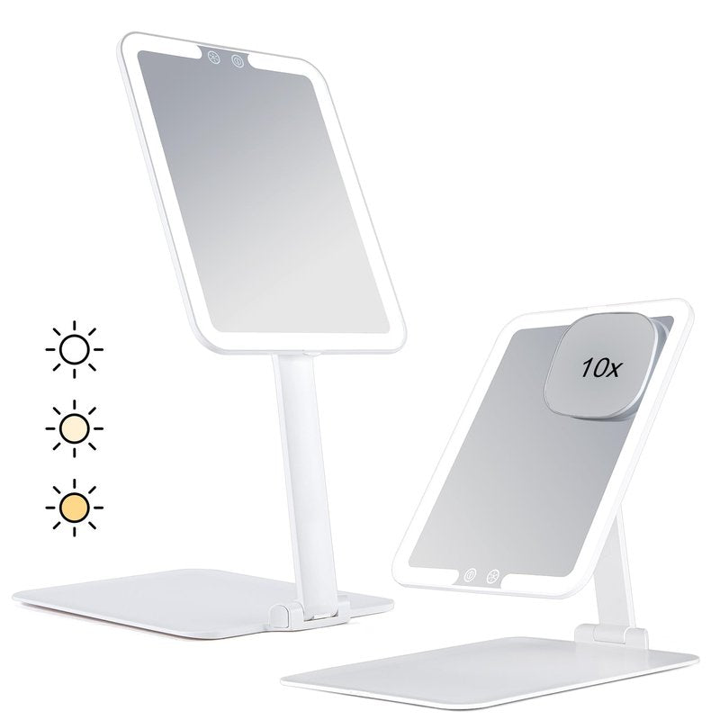 7.8" x 6.1" Rechargeable Travel Makeup Mirror with Lights and Small 10X Magnification, Foldable Stand with Adjustable Height & Angle, 3 Light Colors LED Lighted Vanity Mirror (White)