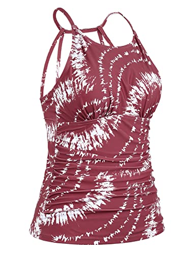 Cadocado Women's Tummy Control Bathing Suit Tops Strappy Tankini Top Only,US14,Red