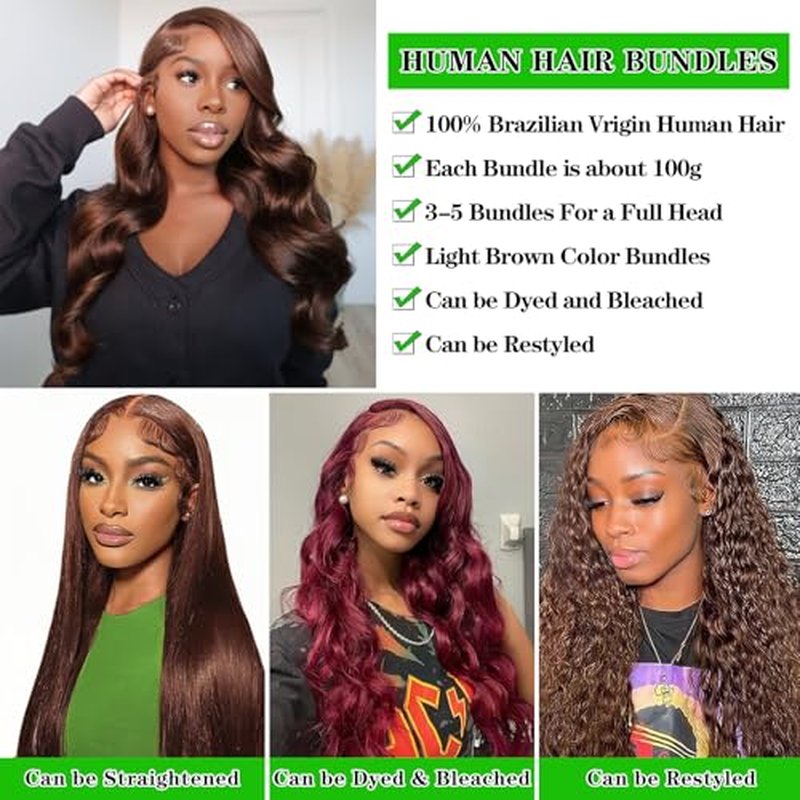 Kapelli Hair Brazilian Body Wave Bundles with Closure (14 16 18+12) 10A Light Brown Body Wave Human Hair Bundles with Lace Closure Brazilian Virgin Hair 3 Bundles with Lace Closure with Baby Hair