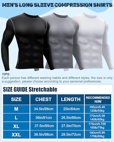 Hicarer 6 Pack Men's Athletic Compression Shirts Long Sleeve Workout Running Undershirt Thermal Sport Base Layer Top(X Large,White, Black and Gray Line, Gray)