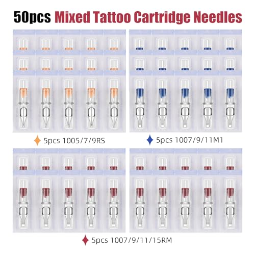 ATOMUS 50pcs Tattoo Cartridge Needles Size #10 RS RM M1 Purple Round Liner Tattoo Needles for Tattoo Gun Pen (5RS+7RS+9RS+7M1+9M1+11M1+7RM+9RM+11RM+15RM)