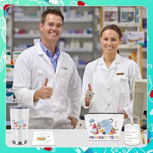 6 Pcs Pharmacy Technician Gifts Include Cup Portable Cosmetic Bag Badge Keychain Aromatherapy Thank You Card Pharmacy Technician Accessories for Doctors Nurses Week Gift Supplies