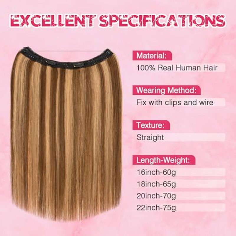 Halo Hair Extensions Real Human Hair, MY-LADY Adjustable Halo Extensions Real Human Hair, 20 inch Medium brown mix Dark Blonde Women's Long Straight Hair Invisible Wire Hair Extensions