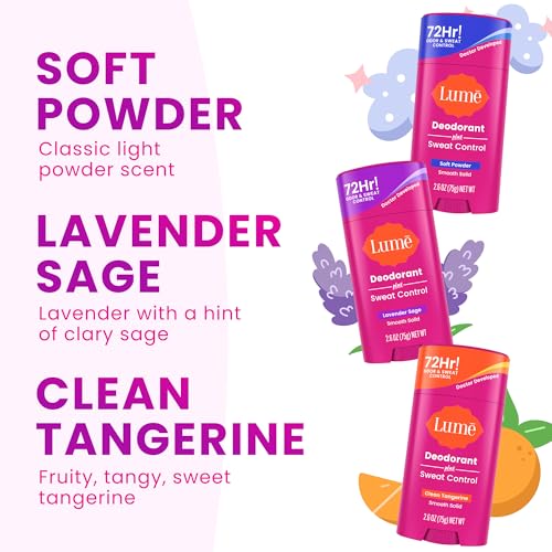 Lume Deodorant Plus Sweat Control - Smooth Solid Stick - Maximum Strength Antiperspirant - 72 Hour Odor And Sweat Control - Baking Soda Free - 2.6 ounce (Lavender Sage, Clean Tangerine & Soft Powder)