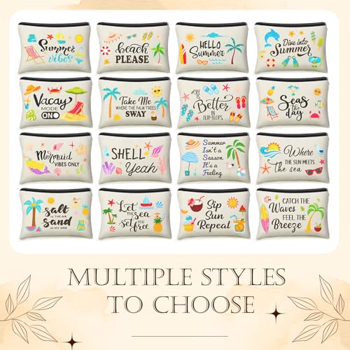 Kacctyen 16 Pcs Christmas Makeup Bag Gifts Bulk Cosmetic Bag with Zipper Santa Snowman Red and Green Travel Make up Pouch Portable Storage Pouch for Women Xmas Party Accessories(Summer)