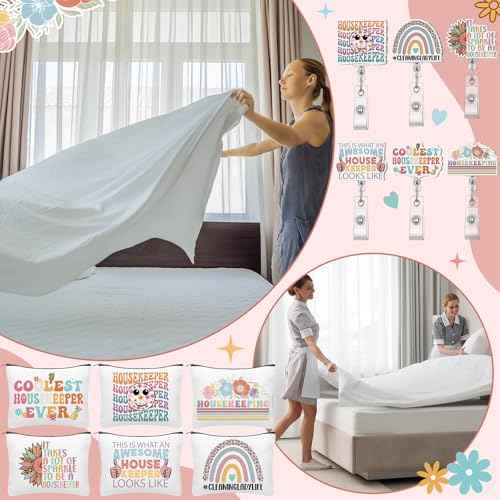 Kacctyen 24 Pcs Christmas Housekeeping Gifts Bulk 12 Thanksgiving Makeup Bag 12 Retractable Badge Reels Housekeeping Appreciation Gift for Housekeeper Cleaner Staff Team Employee Coworker Custodian