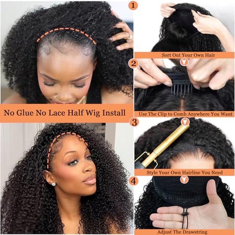 MISSJAY Curly Half Wig Human Hair Kinky Curly Wear and Go Glueless Wigs 200% Density 3 In 1 Seamless Flip Over Half Wigs Human Hair Beginner Friendly Drawstring Headband Wig for Women 20 Inch