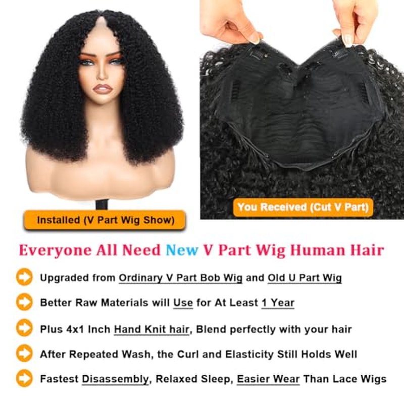 V Part Wig Human Hair Kinky Curly Natural Black 18 Inch | Curly Human Hair Wig Upgrade U Part Human Hair Wigs for Black Women Glueless Wig Wear and Go 180 Density
