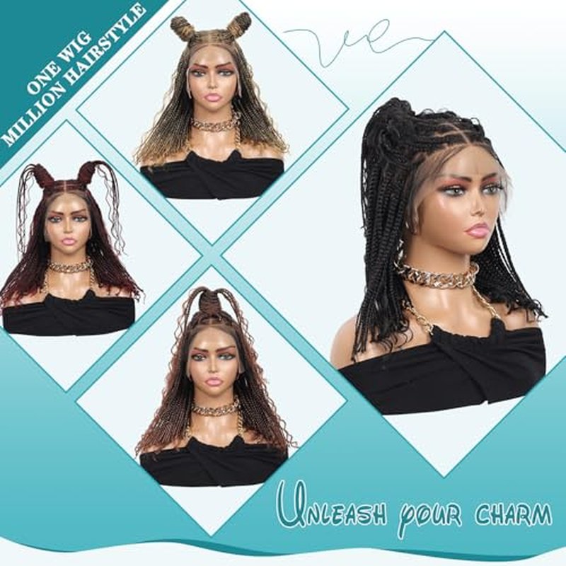 Kalyss 12inch 13x8 HD Lace Front Short Boho Braided Wigs for Women Full Lace Knotless Braided Wig with Bohemian Curly Box Braid Wig with Baby Hair Natural Black Premium Synthetic Braid Wigs