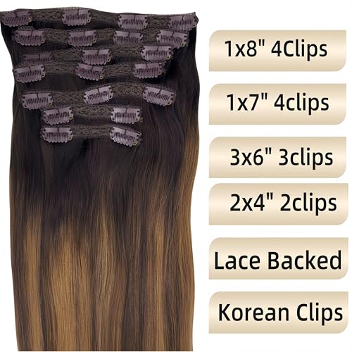 Real Human Hair Lace Clip In Hair Extensions Thick ends 20inch 120g Ombre Piano Color Dark Brown Roots/Chestnut Blonde Highlights Balayage Double Wefted Silky Soft Human Hair Extensions