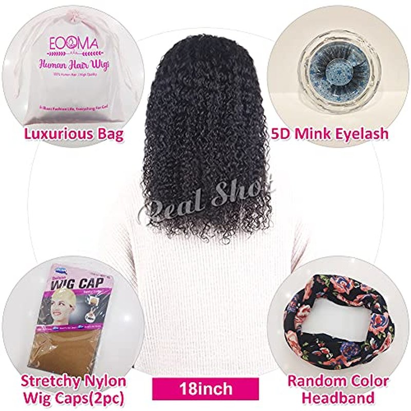 Eooma Glueless Wigs Human Hair Headband Wig Human Hair Half Wig for Black Women (18 inch) Briazilian Curly Scarf Wig No Gel Remy Hair None Lace Front Machine Made Wigs Human Hair