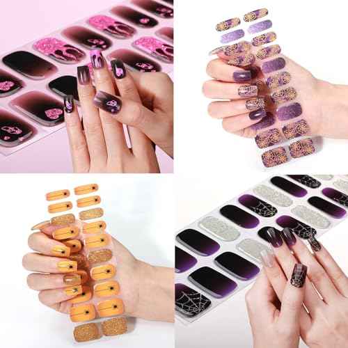 Halloween Semi Cured Gel Nail Stickers, 20 Pieces Of Uv Gel Nail Stickers, Suitable For Home, Festivals, Party Nail Art Diy (Purple spider web)