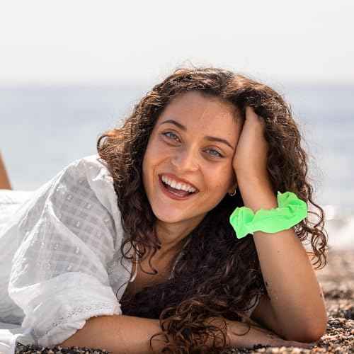 Bremorou 80s Neon Hair Scrunchies 5 Pack - Soft Elastic Hair Ties - Neon Yellow, Green, Coral, Hot Pink, Orange - Perfect for 80s Parties, Workout Costumes & More