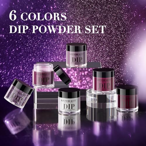 AZUREBEAUTY Dip Powder Nail Set, 6 Colors Christmas Purple Rose Red Glitter Natural Dipping Powder Starter Kit, French Nail Art Manicure DIY Salon, No Need Nail Lamp Cured