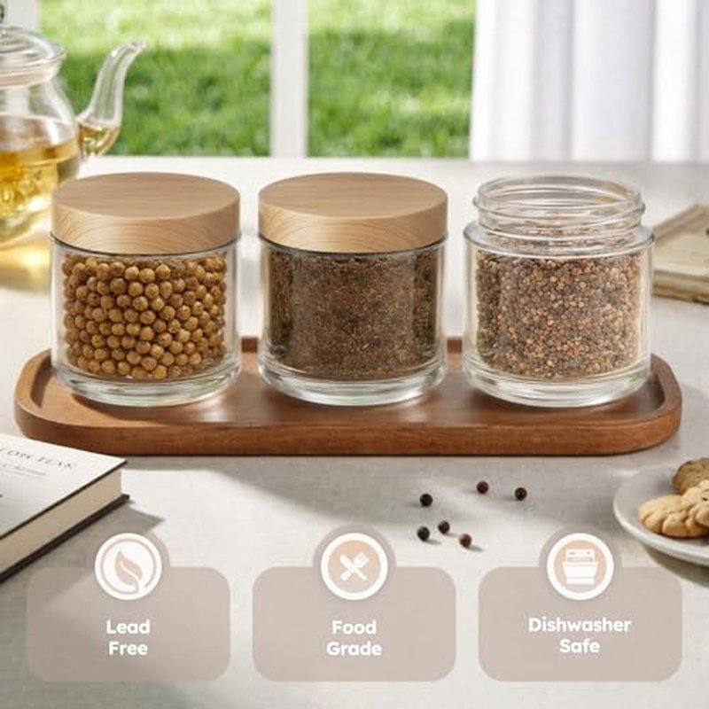 4 oz Glass Jars with Lids, 24 Pack Clear Small Glass Jars with Woodgrain Lids Leakproof Round Airtight Empty Cosmetic Travel Containers with Inner Liners For Lotions Powders and Candle Making