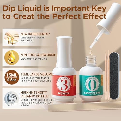 AZUREBEAUTY 2 Combined into1 Dip Powder Base & Top Coat with Activator, 0.5oz/Bottle, Fast Drying, No Lamp Needed, for Nail Kit