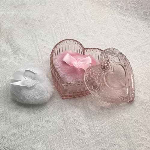 Body Powder Puff and Container - Glass Heart Dusting Powder Container with 2 Soft Puffs Vintage Powder Puff Case for Women & Girls-GRB007-Pink