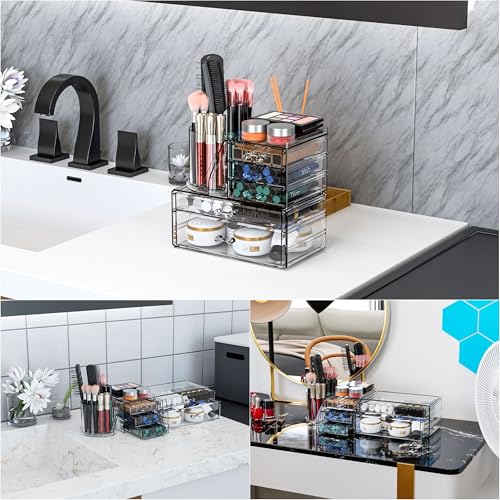 Clear Acrylic Makeup Organizers for Vanity,Countertop,3 Pack Make up Drawer Organizer With Makeup Brush Holder,Plastic Skincare Organizers for Hair Accessories,Beauty,Hair Products,Bathroom,Dresser