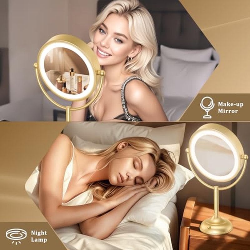 VESAUR 8.5'' Large Gold Lighted Makeup Mirror, 1X/10X Clear Seamless Magnifying Mirror, Bright Vanity Mirror with 3 Colors Dimmable Lights, Two-Sided 360¡ÆRotation Stable Base, Luxury Nickel, Gift Box