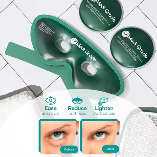 Medi Grade Cooling Eye Mask for Puffy Eyes, Allergies, Sinuses - Reusable Gel Eye Mask and Cooling Pads with Thermo-Bag for Dark Circles, Hangovers and Migraine Relief - Cold Eyemask