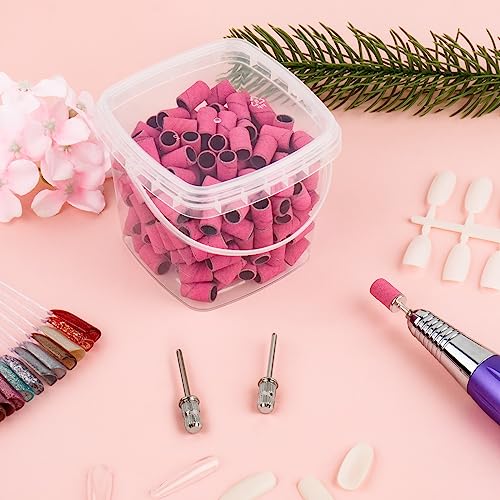Rolybag Sanding Bands for Nail Drill 240 Grit Extreme Fine Nail Sanding Bands 200Pcs Pink Professional Sanding Bands and 2Pcs Nail Drill Bits for Manicures and Pedicure