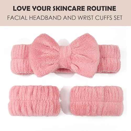 Ayesha Spa Headband and Wristband Set for Skincare Washing Face,Makeup Headband Wrist Cuffs for Preppy Skincare Women Girl (Pink set)