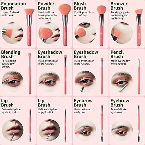 Docolor Makeup Brushes 10Pcs Makeup Brush Set Premium Synthetic Powder Foundation Contour Blush Concealer Eye Shadow Blending Liner Make Up Brush Kit - Neon Peach