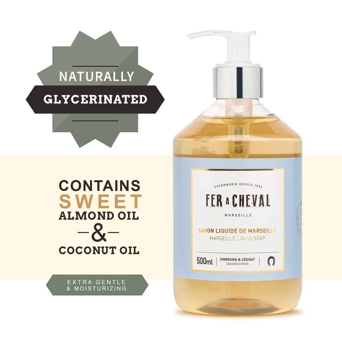Fer à Cheval Marseille Liquid Soap, Luxury French Liquid Soap, Savon Liquide De Marseille, Seaside Citrus, 500 ml/16.9 fl oz