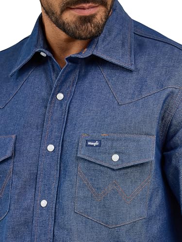 Wrangler Men's Authentic Cowboy Cut Work Western Long-Sleeve Firm Finish Shirt, Indigo Denim, 17 1/2 38