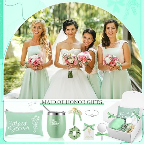 48 Pcs Bridesmaid Proposal Gifts Maid of Honor Proposal Gift Include Box Tumblers Makeup Bag Scrunchie Hair Clip Bracelet Card Mirror for Bridal Shower Bachelorette Party(Green)