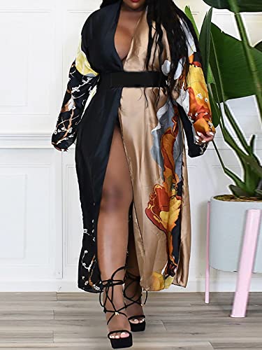 Famnbro Women's Floral Print Satin Robe Kimono Cardigan Open Front Long Cover Ups Outerwear One Size