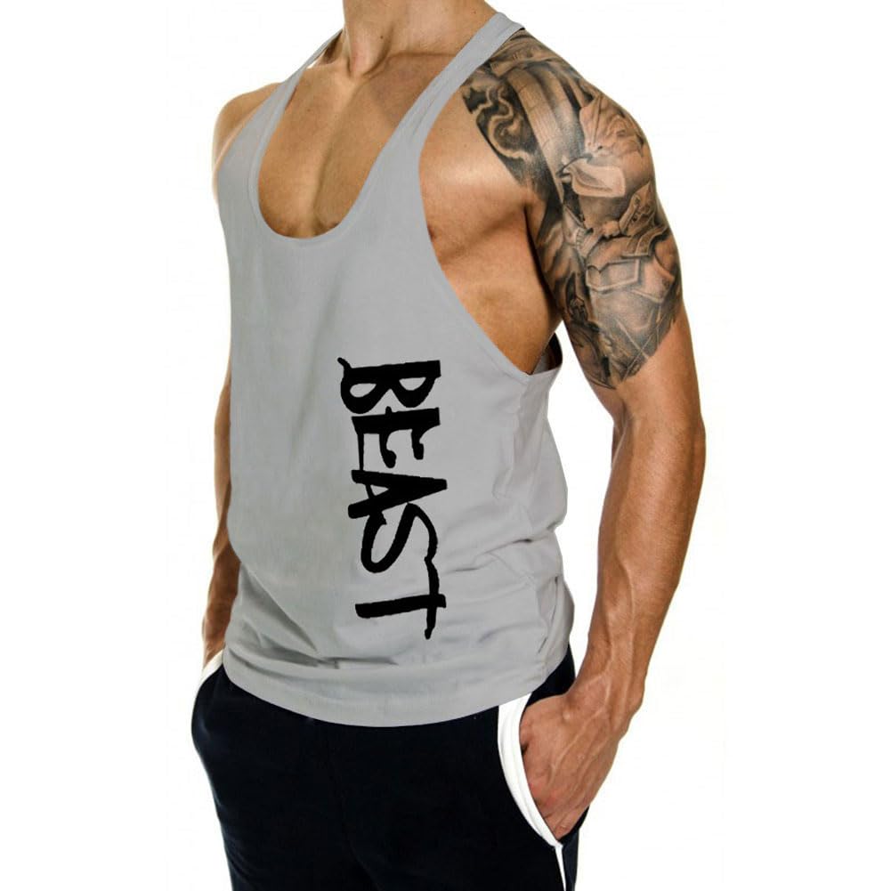 InleaderAesthetics 3 Pack Men's Tank Tops Sleeveless Shirts Y-Back Gym Workout Stringer Tank Tops Bodybuilding Fitness T-Shirts - BK+WT+GY-L